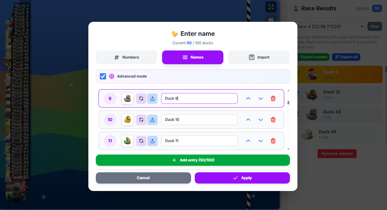 Random Duck Race entries panel: pick and name your ducks up to 100 entries, advanced mode with custom skins and ordering