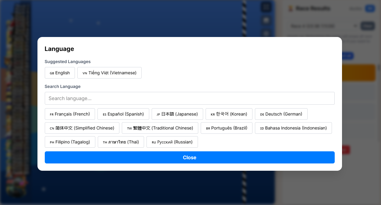 Random Duck Race multilingual support: English, Vietnamese, French, Spanish, Japanese, Korean, Chinese and more