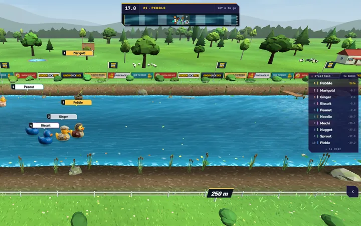 Random Duck Race screenshot, the chasing pack: The leader breaks clear while the pack fights it out behind — fast water and slipstreams shuffle the order again and again.