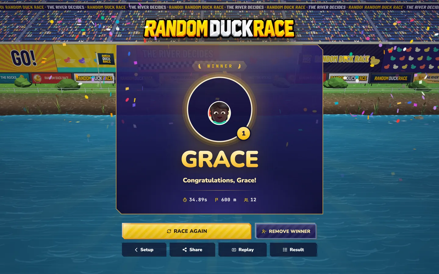 Random Duck Race — Ein Gesicht auf dem Siegerbildschirm: Der Siegerbildschirm zeigt das eigene Gesicht des Gewinners.