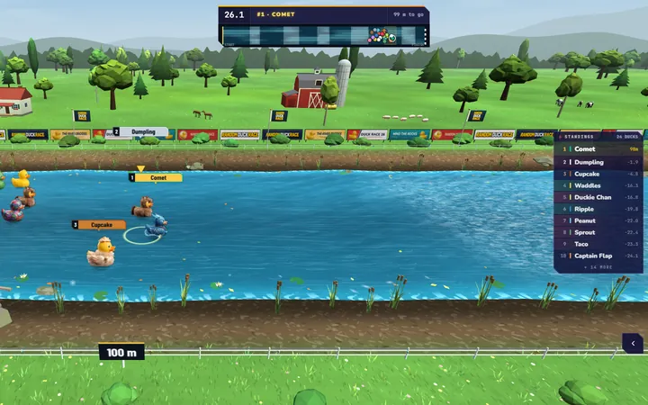 Random Duck Race screenshot, the final stretch: In the last metres a gold ring and arrow mark the duck in front, so everyone sees who leads.
