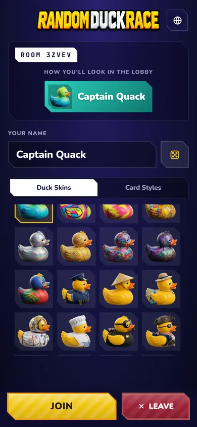 Random Duck Race screenshot, joining on a phone: A player picks a name, a duck and a card style before joining the room.