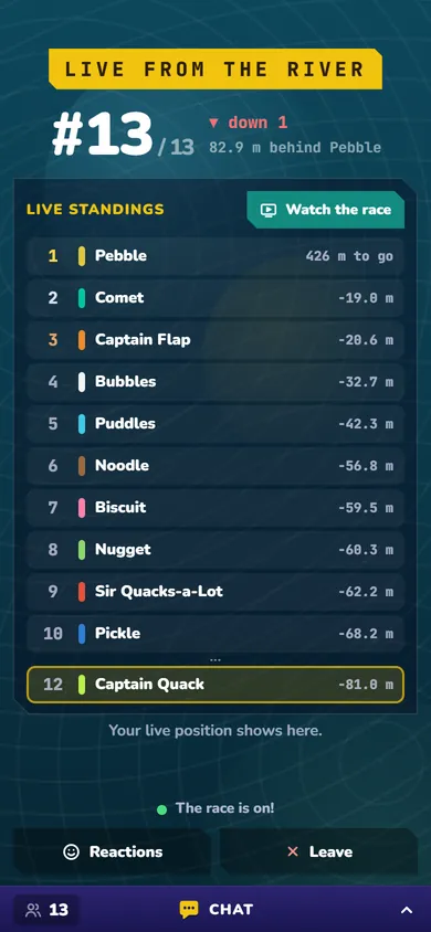 Random Duck Race screenshot, live on a phone: During the race, every phone shows its own duck’s place and the live standings.