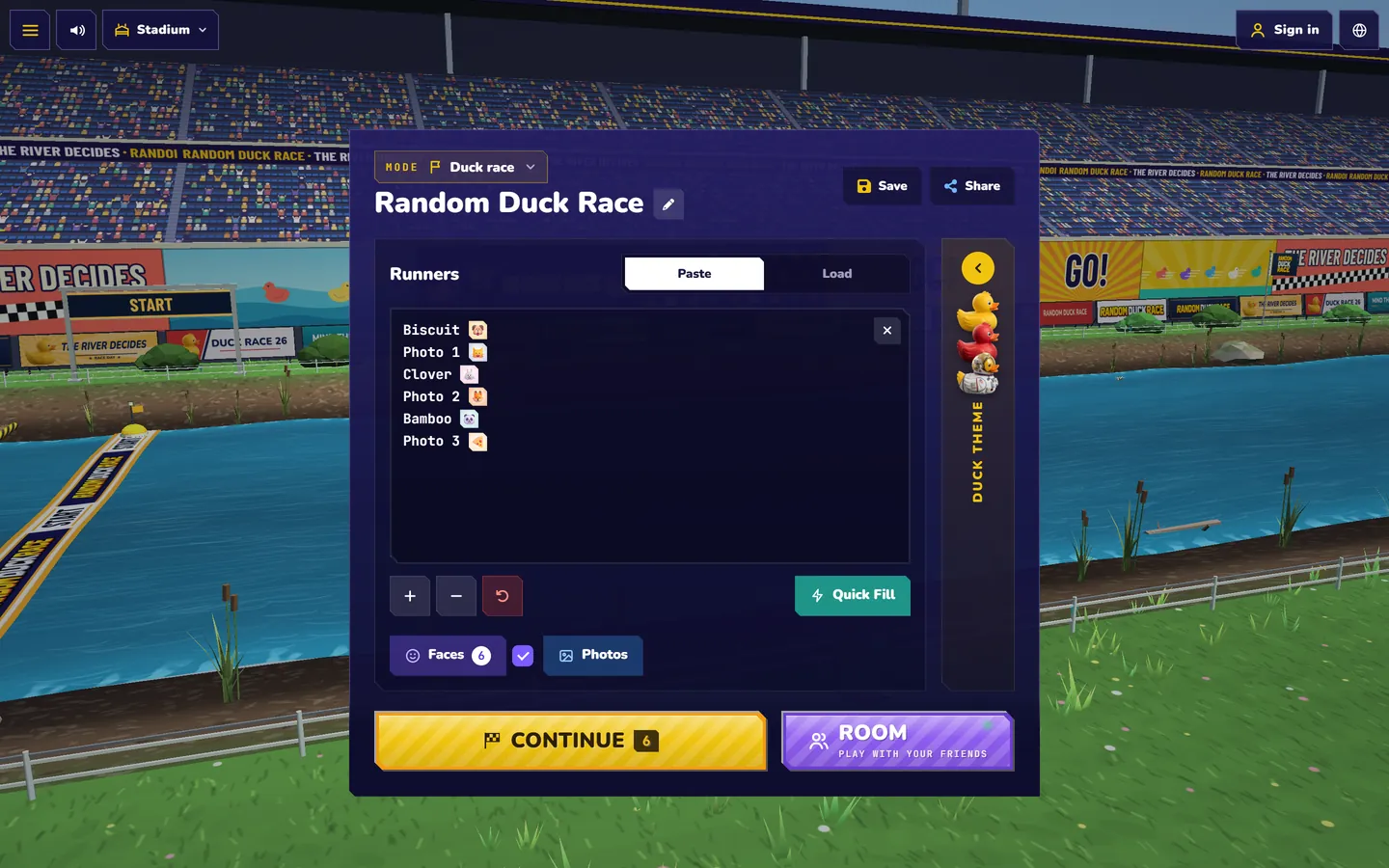 Random Duck Race — Jeder Name mit seinem Foto: In der Namensliste zeigt jeder Teilnehmer sein Foto direkt nach dem Namen.