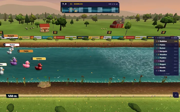 Random Duck Race screenshot, a race at dusk: Racing in the warm light of dusk, the sky turning pink over the hills.