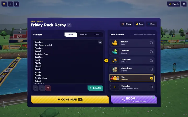 Random Duck Race screenshot, the race setup: Paste your names, pick a duck theme and press Continue — a race is ready in seconds.