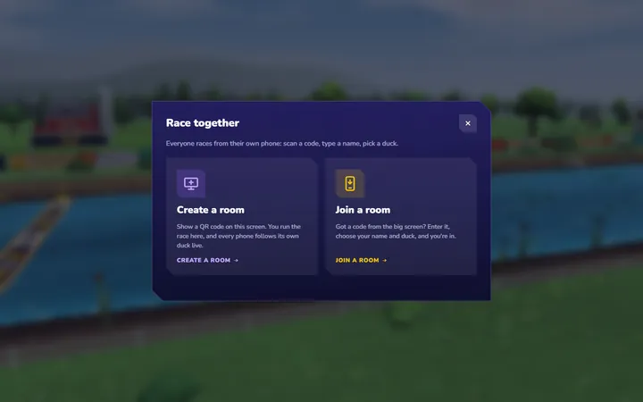 Random Duck Race screenshot, race together: Create a room on the big screen, or join one from a phone with a code.