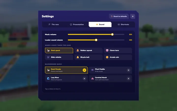 Random Duck Race screenshot, music and sounds: Four music tracks and six sounds for a new leader, each with its own volume.