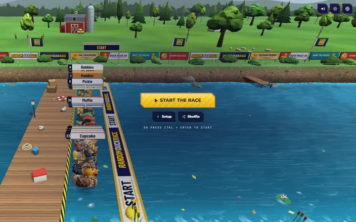 Random Duck Race screenshot, the start line: Every duck in its lane by the pontoon, the lanes drawn at random, ready for the off.