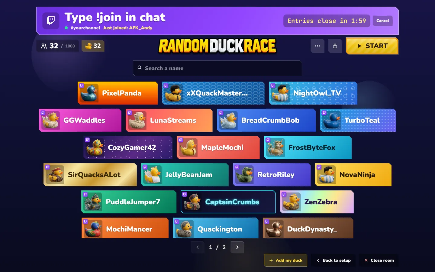 Random Duck Race screenshot, the stream lobby: Every viewer who types !join gets a card on stream, with the entries closing on a countdown.