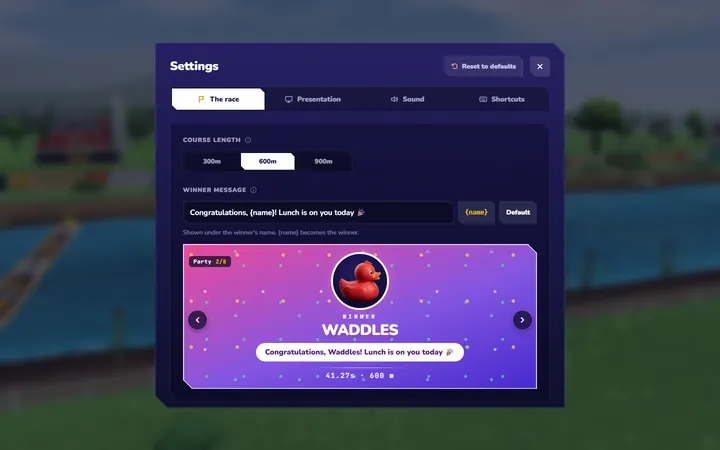 Random Duck Race screenshot, your winner message: Settings › The race: the course length and your own message for the winner, on one of eight cards.